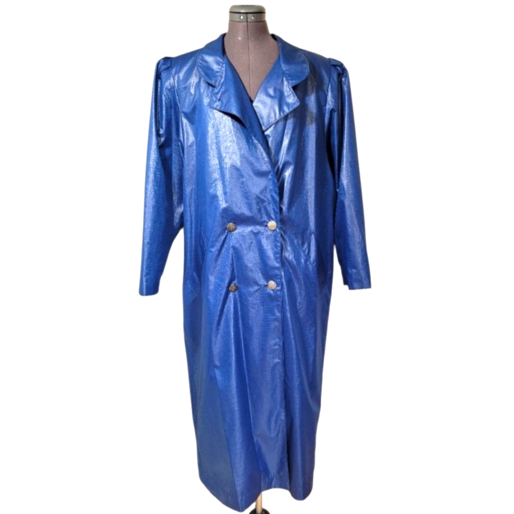 Vintage Longline Blue Trench Coat Notched Lapels Faux Leather 80s Glamour